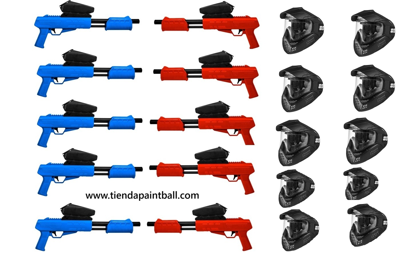 10  PACKS - Marcadoras Blaster Roja/Azul Cal. 50 C/ Cargador 100 cal. 50 + Máscaras  #ONE Lite Spirit Negra Fade Lente Single *Envío Gratis 2/3 Dias.